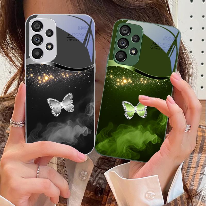 Pink Butterfly Ash Blue For Samsung Galaxy S10 4G S20 11E 30 S21 22 S24 Fe Pro S23 S25 Ultra 5G S9 Tempered Glass Phone Case