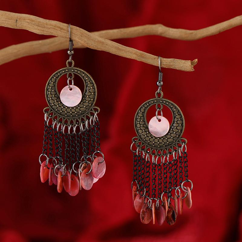 Wind bohemian shell earrings retro ethnic style long fringed earrings seaside vacation style earrings women