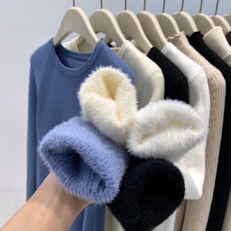 Soft waxy sweater autumn and winter round neck integrated fleece bottoming shirt women's inner fleece thickened warm knitted top