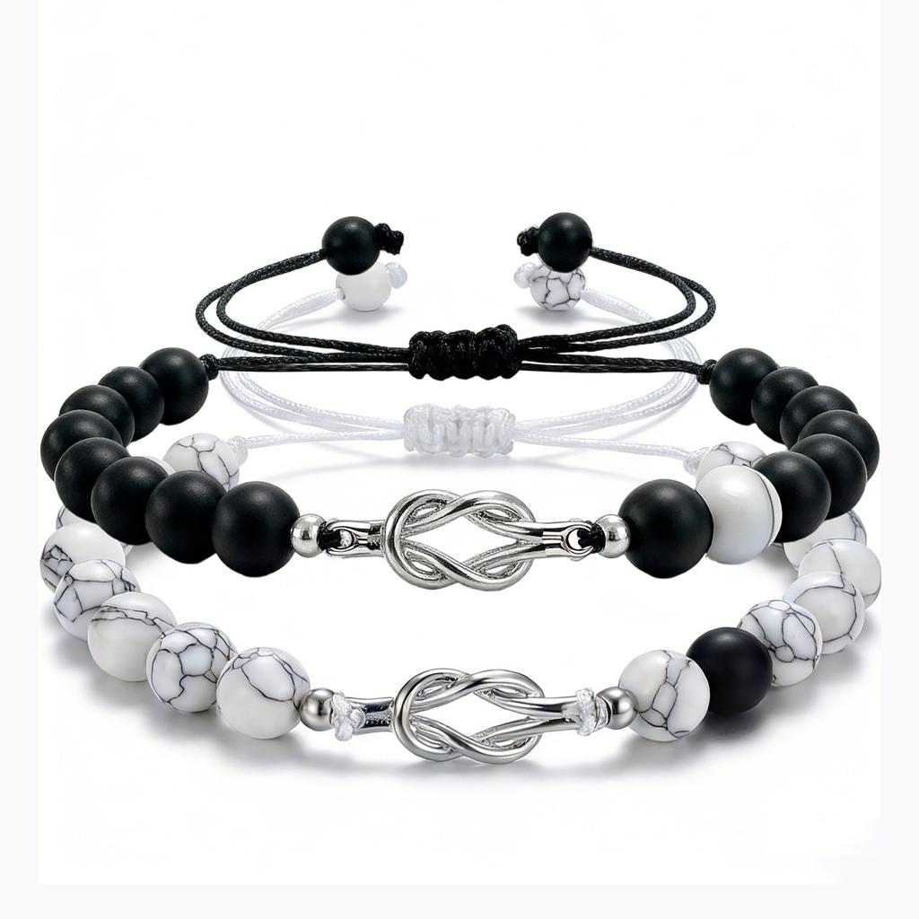 Natural White Howlite Black Sandblasted Unisex Bracelet Couple Knot Matching Pair Jewelry