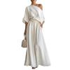 Women's Cotton Linen 2 Piece Sets Casual One Shoulder Half Sleeve Top And Wide Leg Pants Summer Vacation Lounge Outfits