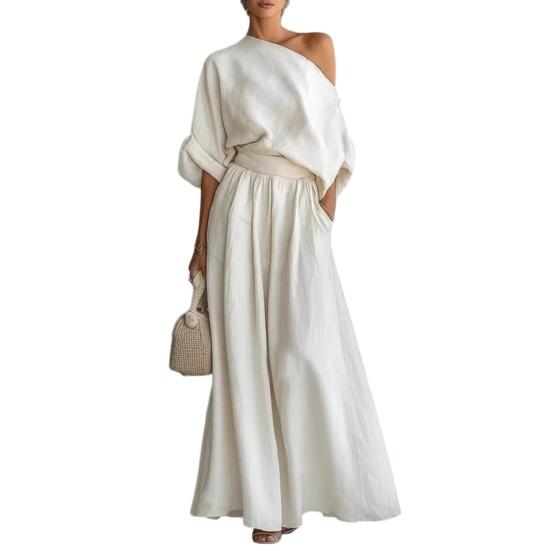 

Women s Cotton Linen 2 Piece Sets Casual One Shoulder Half Sleeve Top And Wide Leg Pants Summer Vacation Lounge Outfits S білий