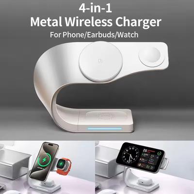 4 In 1 Metal Shell Wireless Charger for iPhone 15 14 13 12 Magnetic Fast Charging Station Stand Dock for Apple Airpods Watch