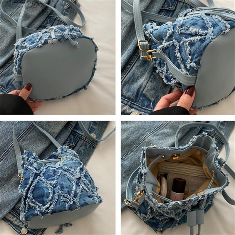 Mini-Beutel-Stil Denim-Taschen für Damen Stilvolle Kordelzugtasche, Neue Eimer-Handytasche, Vielseitige Damen-Schulter-Crossbody-Taschen