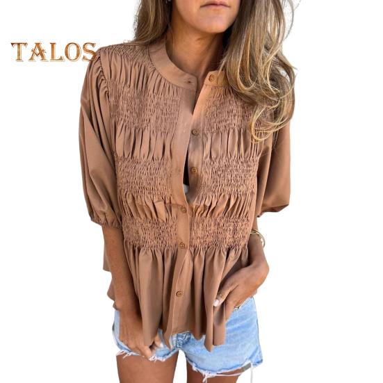 

Женская рубашка на пуговицах, летняя, с коротким рукавом и круглым вырезом, повседневная, свободная, плиссированная блузка для повседневной носки в отпуске L коричневый