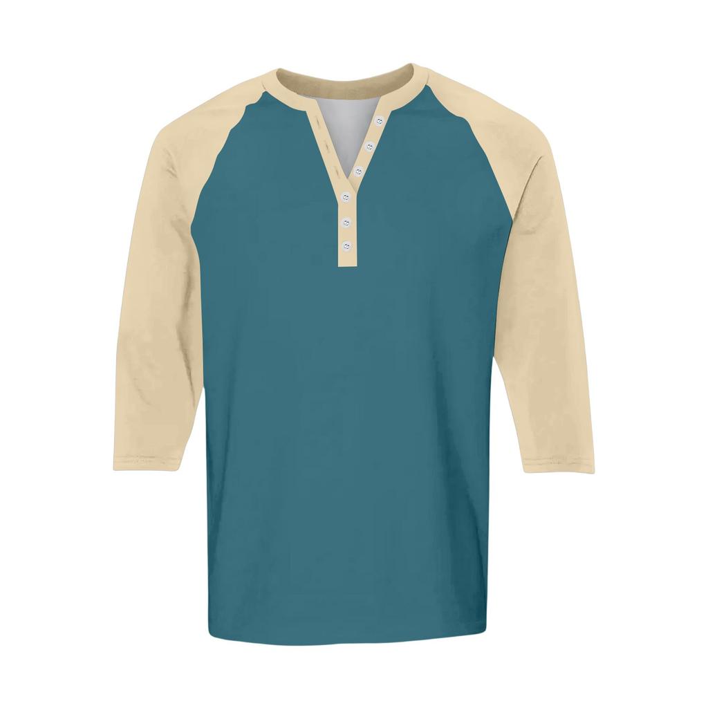 Men's Button-Down Contrast Raglan 3/4 Sleeve Top