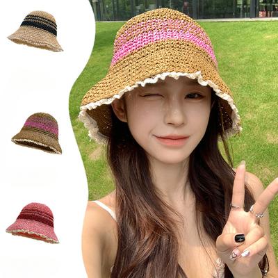 Korean Version of The Beach Trip Versatile Sunshade Fisherman Hat Women Mixed Color Lace Beach Sun Protection Straw Hat Trend