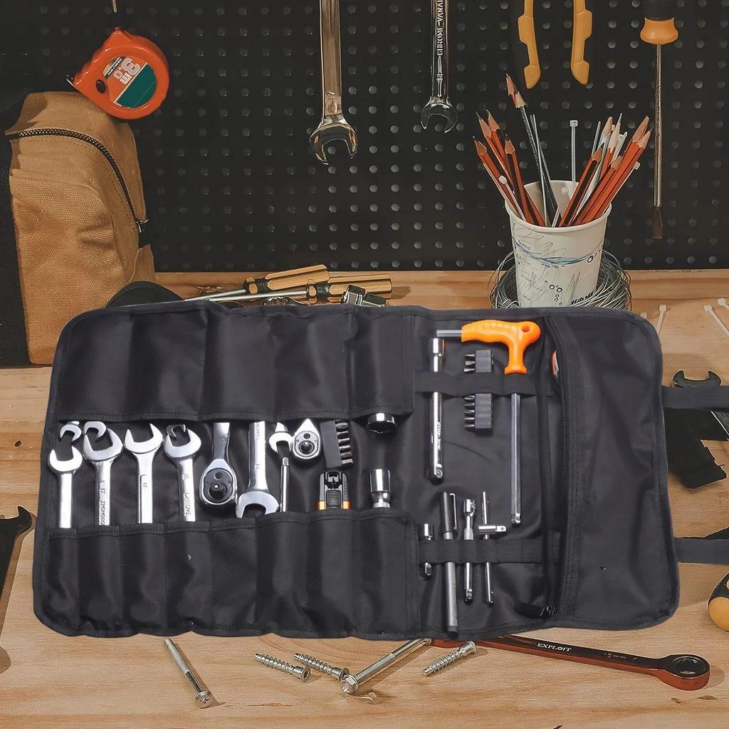 Large Wrench Roll Up Tool Roll Pouch Bag with 22 Pockets, Waterproof Canvas Wrench Roll Organizer Bag for Craftwork Electrician