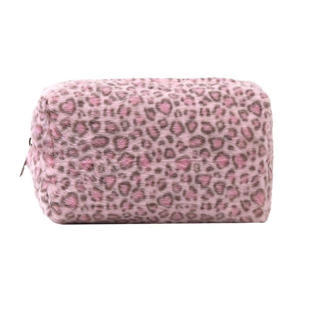 Large Capacity Leopard Print Makeup Bag Plush Toiletry Organizer Furry Cosmetic Bag Women розовый