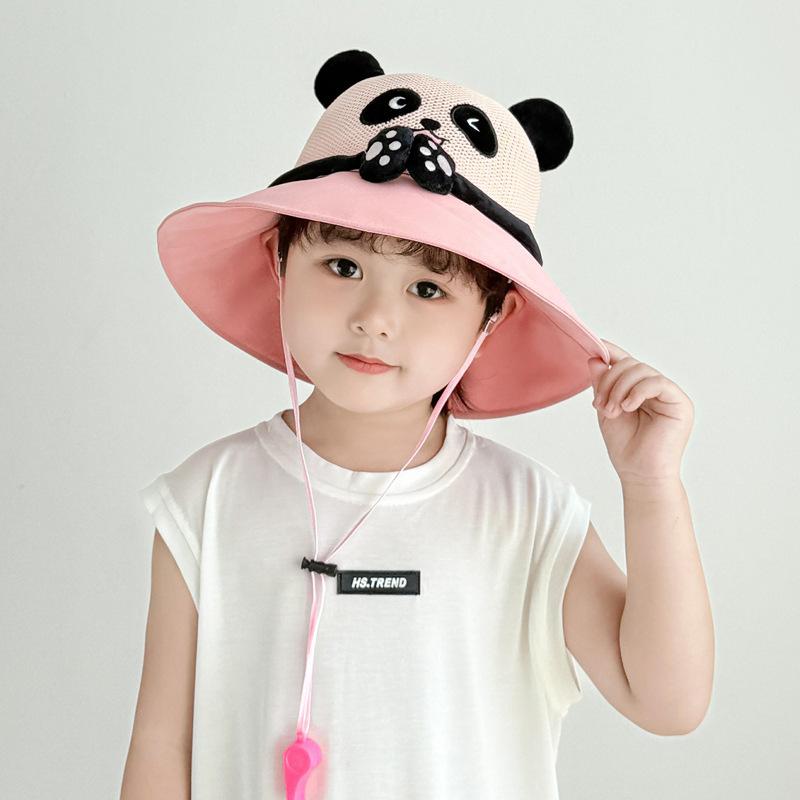Children'S Sun Hat Summer Cute Handshake Panda Bucket Hat Outdoor Travel Breathable Sun Hat Whistle