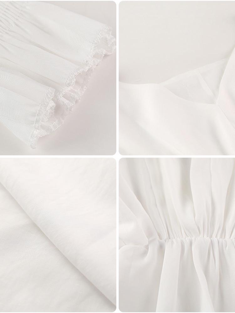 2025 Korean V-Neck Lantern Sleeve Waist-Cinching White Casual Chic Shirt for Women