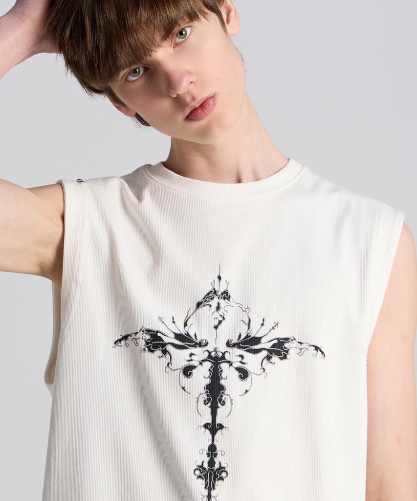 TENER Flower Studded Ribbed Sleeveless White