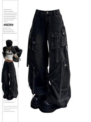Jeans Cargo Baggy Góticos Negros para Mujer Harajuku Pantalones de Mezclilla Oversize Y2k 90s Vintage 2000s Pantalones de Jean Ropa de Basura