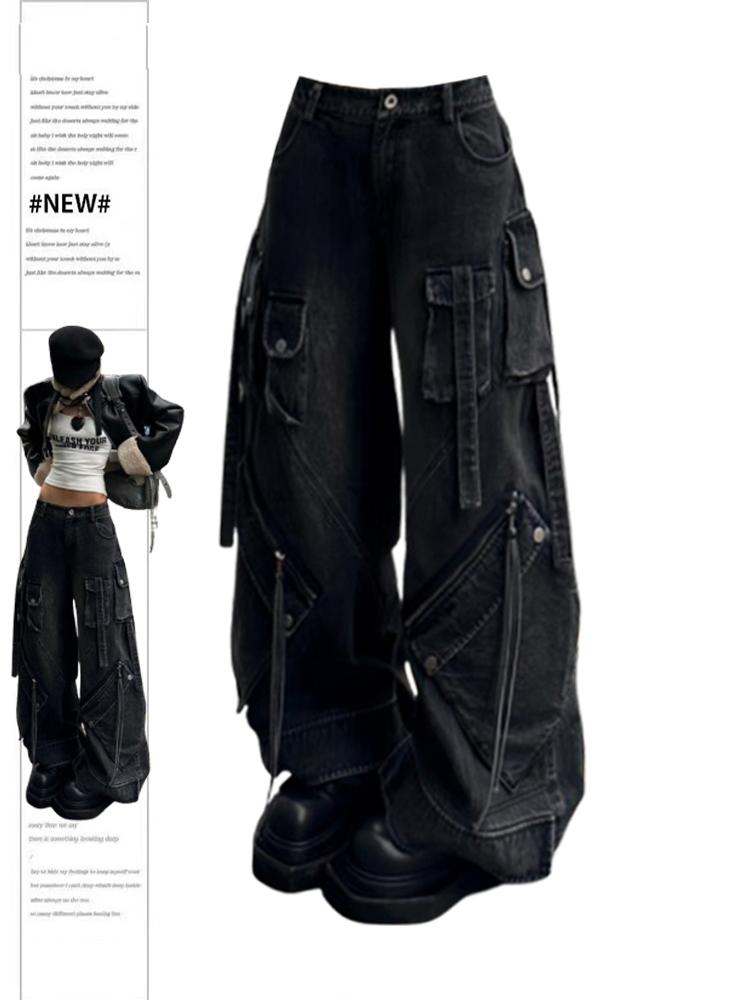 Dámské černé gotické volné cargo džíny Harajuku Oversize džínové kalhoty Y2K 90S Vintage Emo kalhoty Trashy oblečení