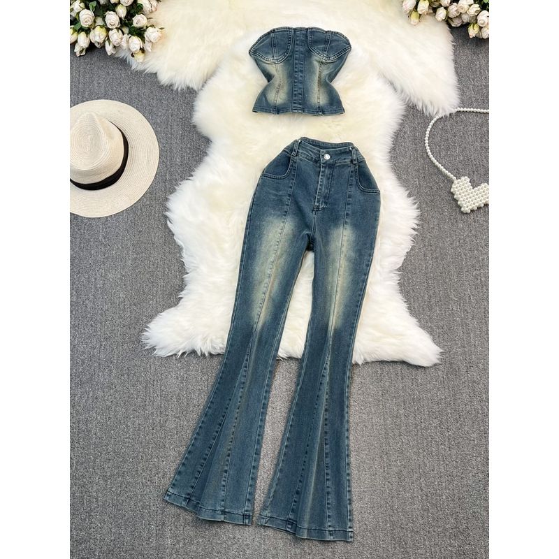 Tube Top Denim Casual High Waist Bootcut Fashion Suit