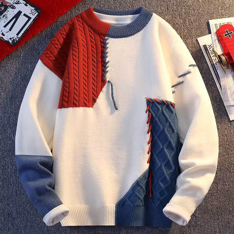 Unisex Patchwork Color-Block Sweater: Casual, Loose-Fit Knit Pullover for Autumn and Winter