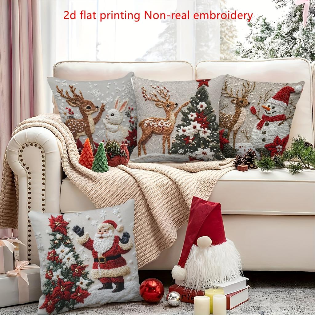 4Pcs Christmas Themed Pillowcases, 2D Flat Santa Claus Reindeer Print, Hand Washable Zipper Closure, Sofa Bed Home Decor