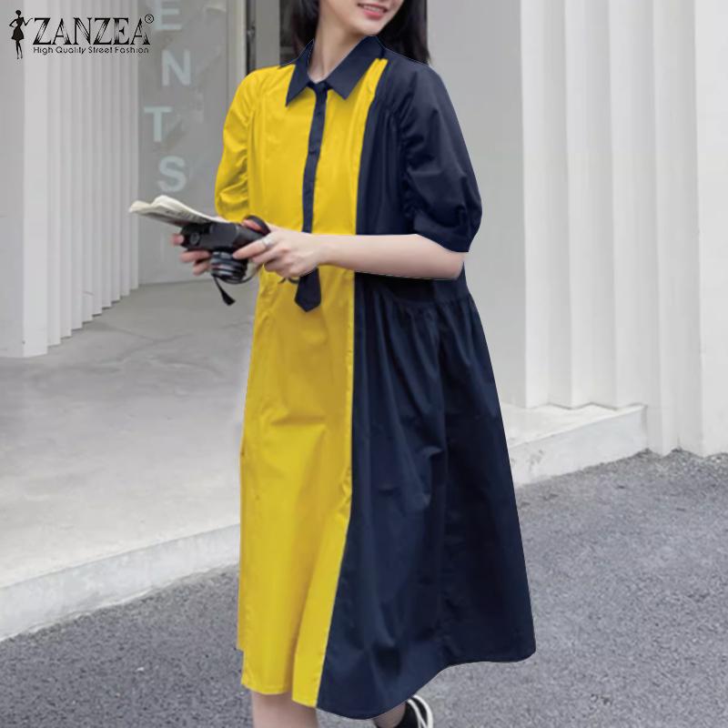 

ZANZEA Женское повседневное платье-рубашка с отложным воротником и короткими рукавами в стиле пэчворк S жёлтый
