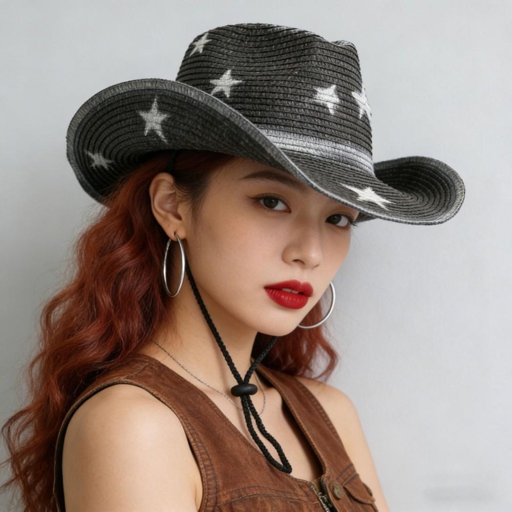Wide Brim Western Cowboy Hat Star Cowgirl Visor Cap Classic Grass Hat Travel
