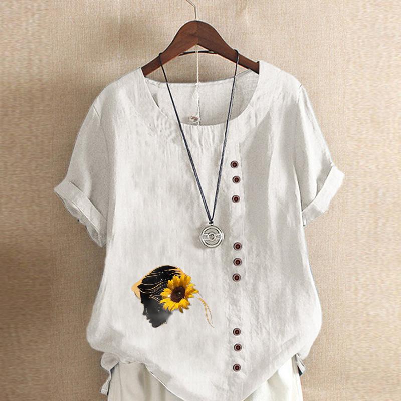 

Женская модная футболка с коротким рукавом с принтом подсолнухов, свободная хлопковая рубашка, повседневная свободная летняя блузка, топы больших размеров 5XL белый