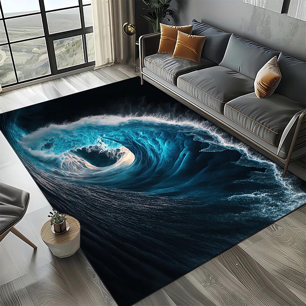 2025 New Style Blue Green Sea Wave Seawater Nature 3D Carpet Rug for Living Room Bedroom Home Sofa Decoration,Non-slip Floor Mat