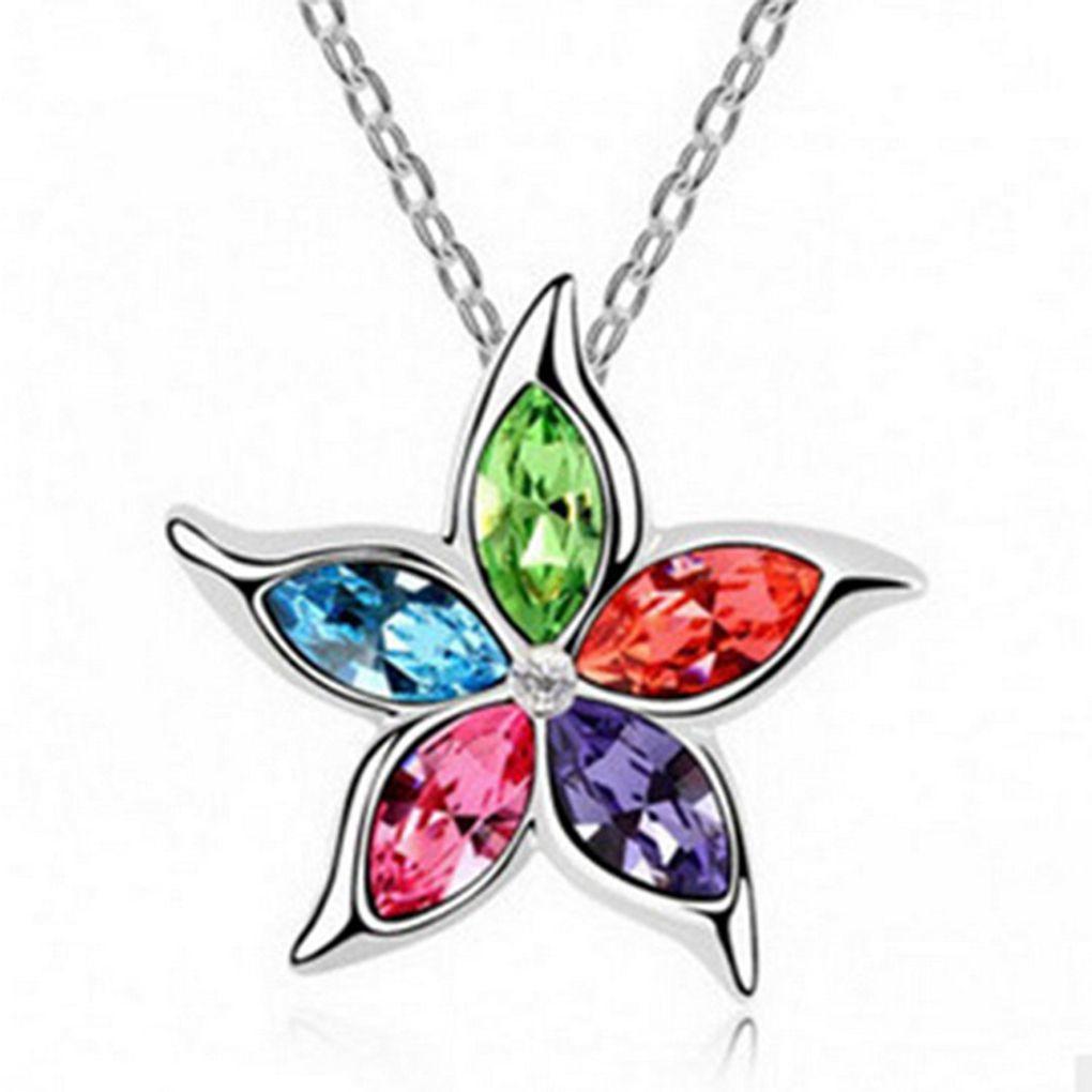 Women Austrian Five-Leaf Peach Blossom Crystal Eye Pendant Alloy Short Necklace