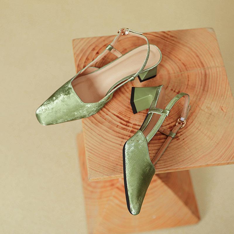 Baotou sandals women's thick heel 2025 new empty single shoes women's medium heel green one-word buckle summer high heels