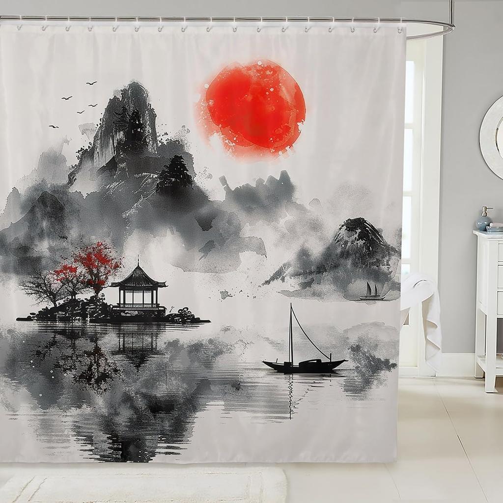Japanese Samurai Bath Curtain Boys Girls  Landscape Shower Curtain for Kids Women Men Waterproof Sunset Bathroom Shower Curtain