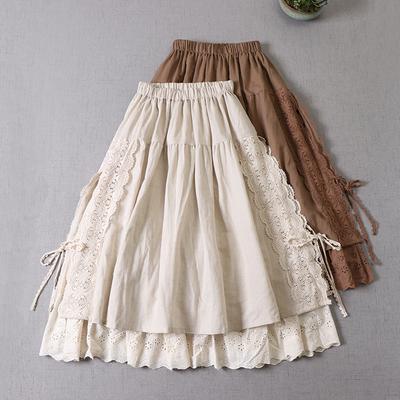 Japan Style Mori Girl Lace Patchwork Linen Skirt Literature Embroidery Double Inner Lining A-line Skirt Spring