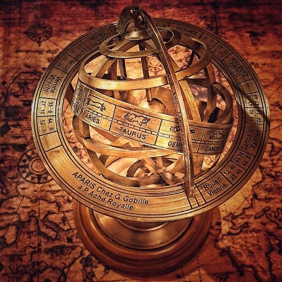 Brass Armillary Sphere with Wooden Base