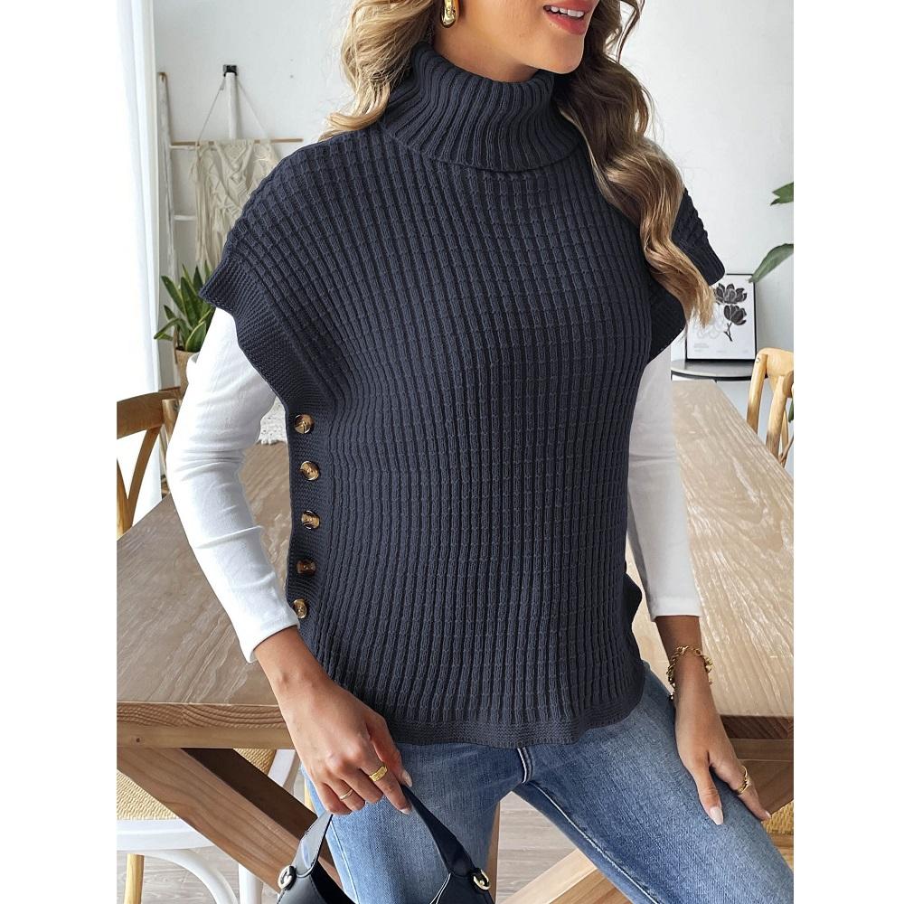 

Женские весенне-осенние пуловеры и свитера, жилет с боковой пуговичной отделкой, водолазка, повседневные вязаные майки Free Size темно-синий