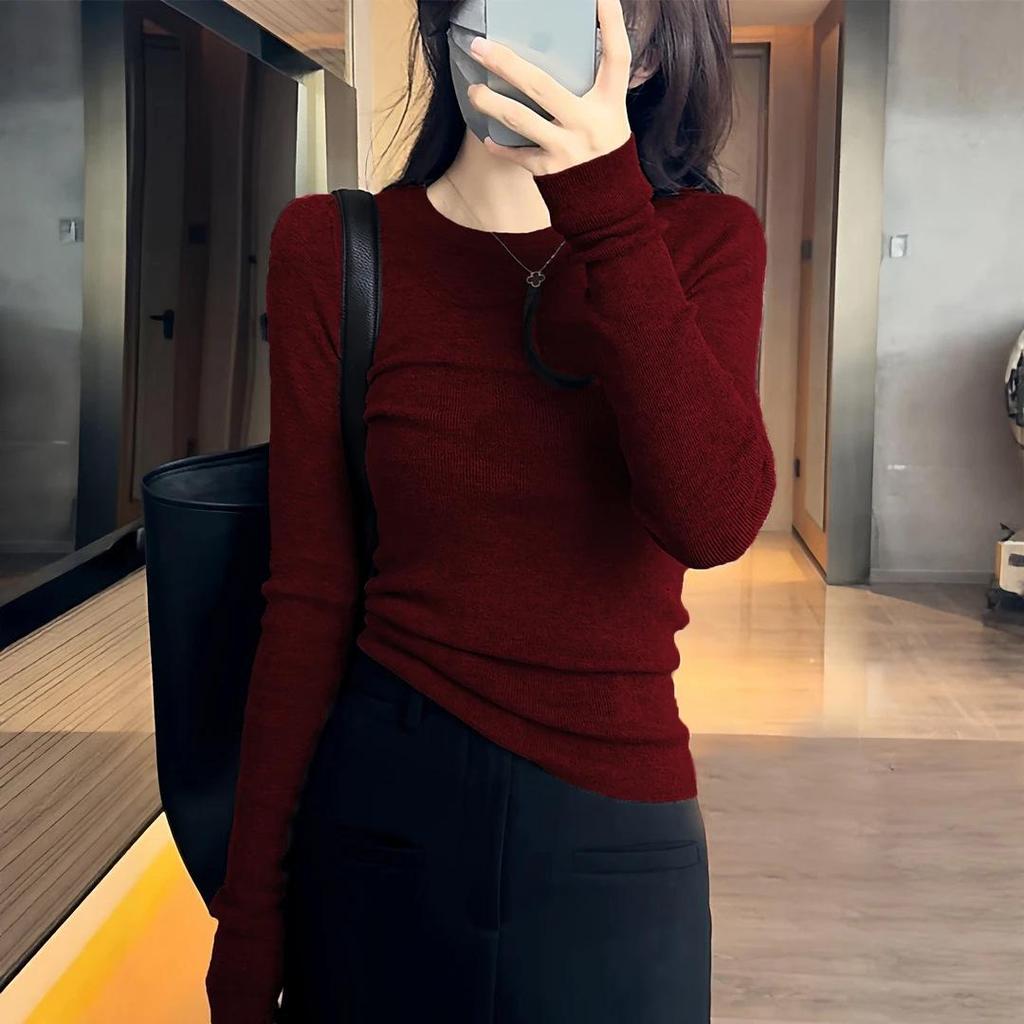 2026 Women's High-End Slim Fit Wool Sweater - Round Neck, Long Sleeve, Regular Shoulder, Autumn/Winter Base Layer.