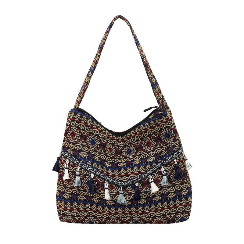Ethnic Inspired Shoulder Bag Made From Special Material With Zipper Closure