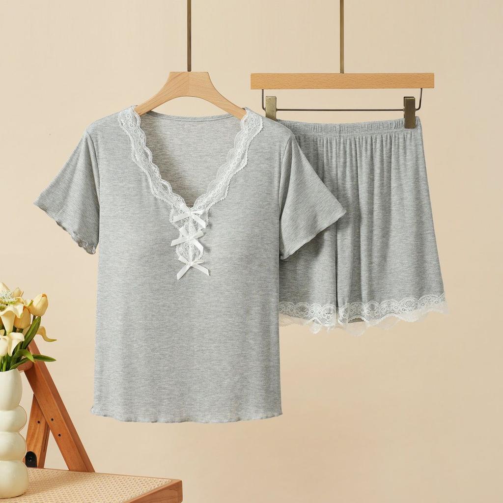 Women Suits Sets Lace-Trimmed Padded Nightgown Set with Short-Sleeve Top and Long Pants for Women Pants Two-piece Oversize 2PC Suit