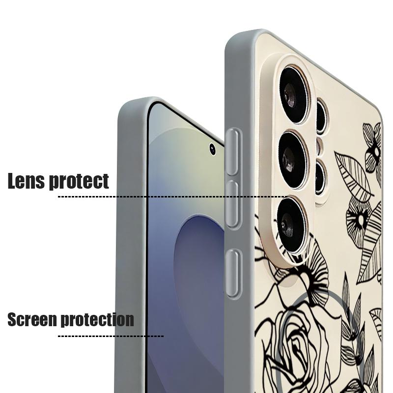 Magnetic For Magsafe Case For Samsung Galaxy S26 Ultra S25 Edge S24 Plus S23 FE S22 A54 A55 A56 5G Line Rose Flowers Leaves Pattern Matte Cover
