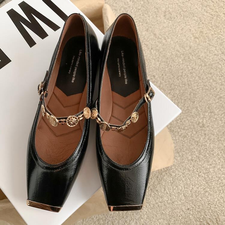 

Silver anti-collision metal square head single shoes women s fashion spring low heel one-word buckle with light mouth single shoes genuine leathe 39 чёрный