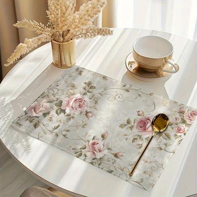 Linen Placemats Set of 4 Floral Rose Table Mats Washable Place Mats for Dining Table Kitchen Decor