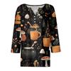 Women's Halloween Printed V-Neck Short Sleeve Tunic with Button and 3/4 Sleeves for Casual Fall Wear