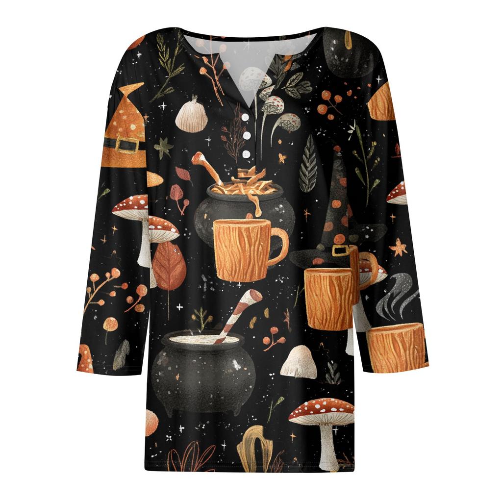Women's Halloween Printed V-Neck Short Sleeve Tunic with Button and 3/4 Sleeves for Casual Fall Wear