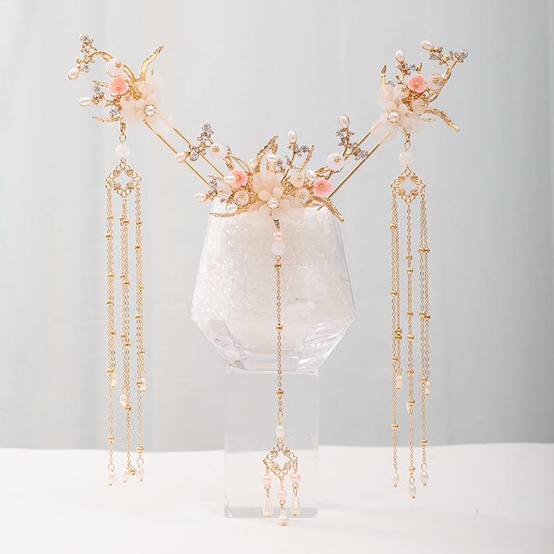 FORSEVEN Chinesisches Haaraccessoires Damen Blume Perlen Haarnadeln Lange Quaste Kopfschmuck Stäbe Haarkamm Brautschmucksets