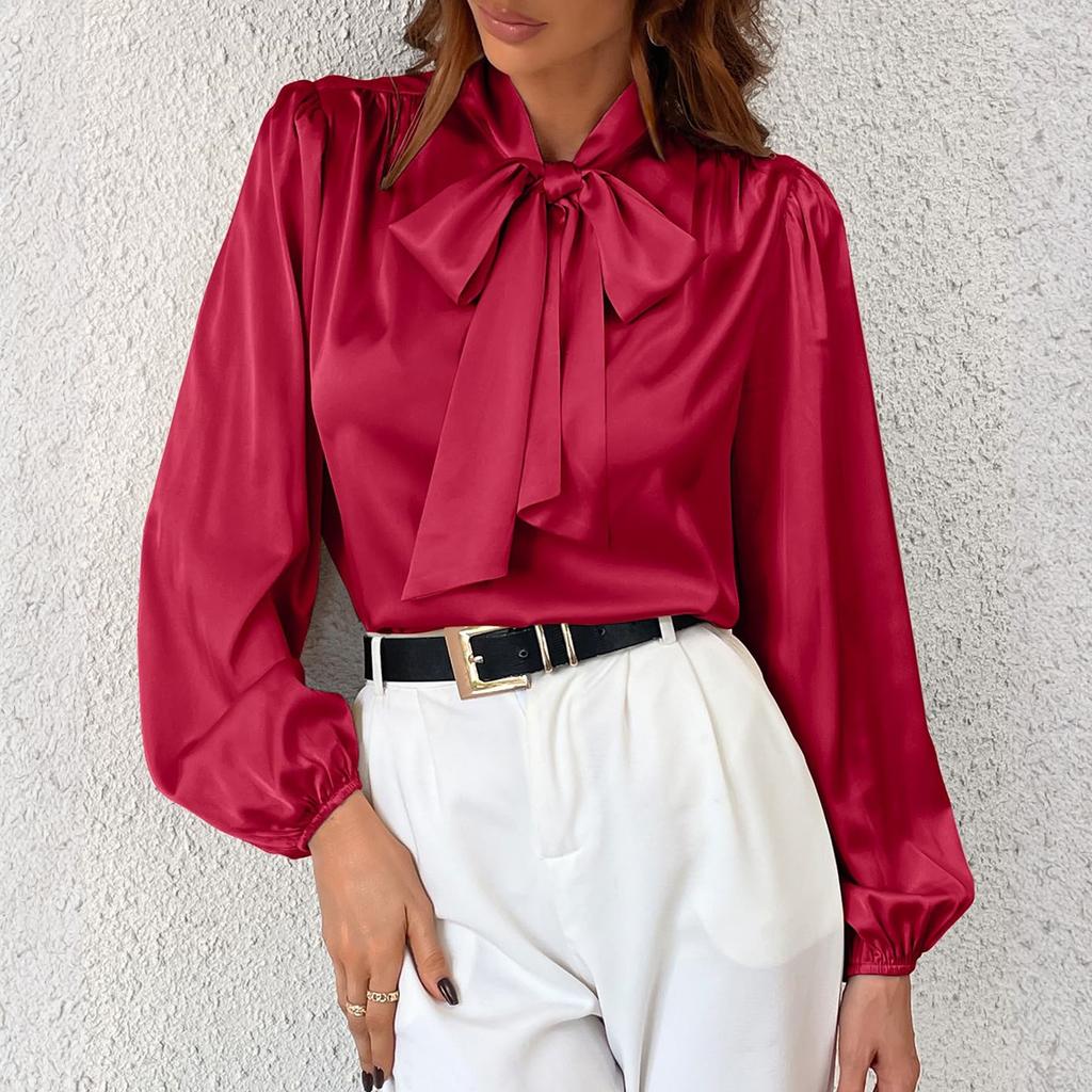 Women's Fashionable Color Round Neck Long Sleeved Lace Bow Casual Versatile Shirt Top