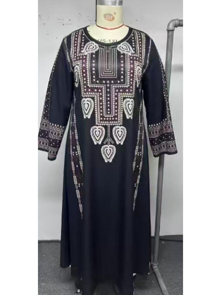 Middle Eastern Ethnic Style Navy Blue Plus Size Long Dress with Long Sleeves
