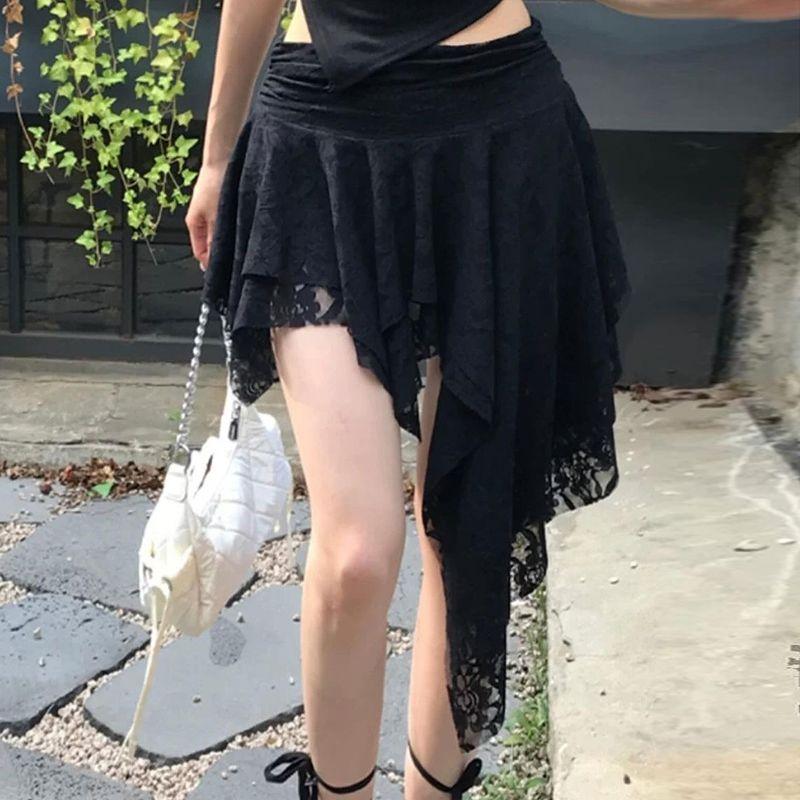 

Gusty French Pure Desire Sexy Asymmetrical Design Lace Skirt Y2g Millennium Waste Soil Style Fashionable Short Skirt Black M