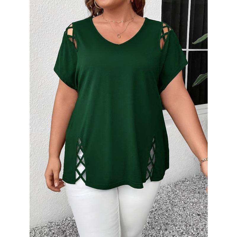 Gładki kolor, krótki rękaw, detal z krzyżującymi się paskami, modny, elegancki, damski top/koszulka plus size