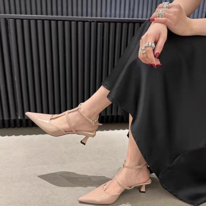 Slim Strap High Heels Women's Pointed Toe Shallow Mouth Hollow Patent Leather One Buckle Strap Wrapped Stiletto Sandals