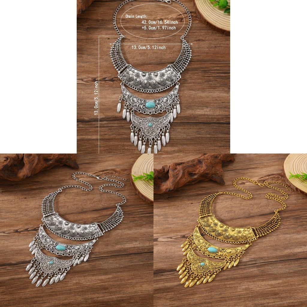 Bohemian Layered Zinc Alloy Leaf Pendant Necklace With Tassels For Vintage Style Jewelry
