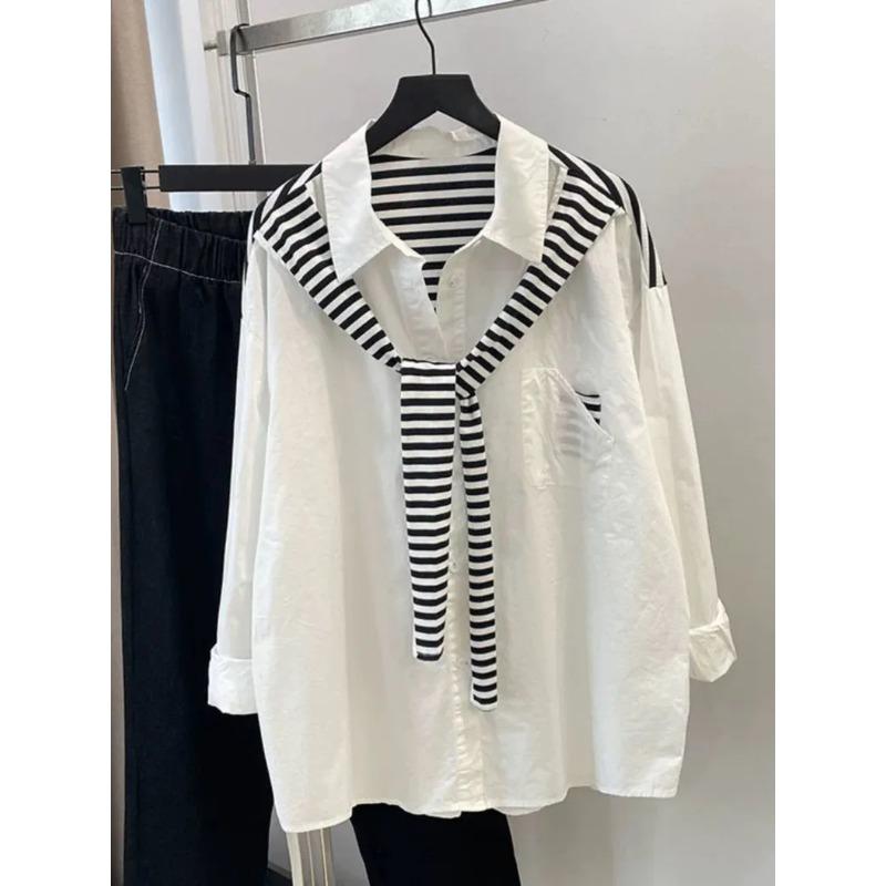 

Полосатая строчка, имитация двойки, шаль, рубашка с длинным рукавом, женский свободный и стильный топ L белый