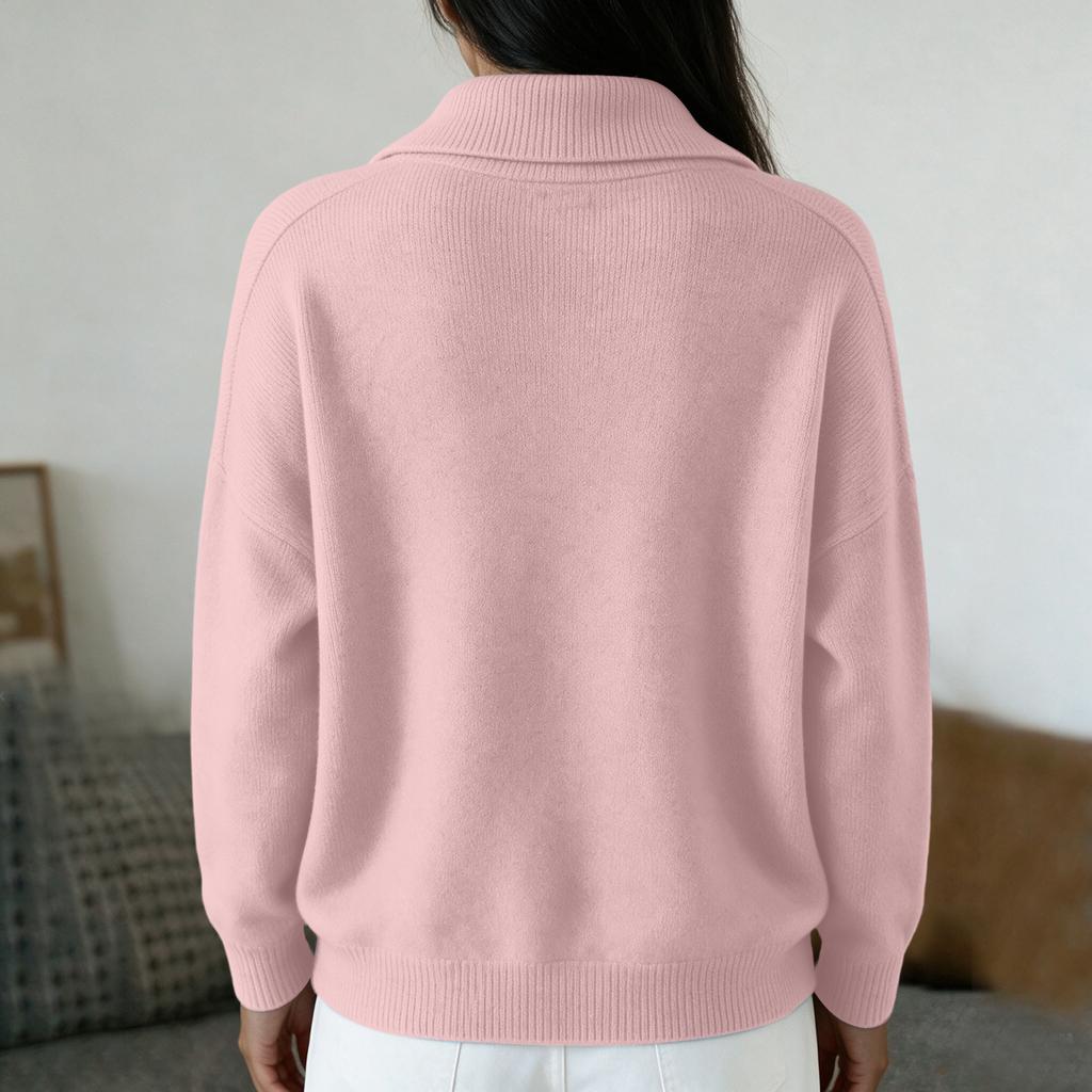 Women's Casual Color Long Sleeve V Neck Zip Front Top for Everyday Wear