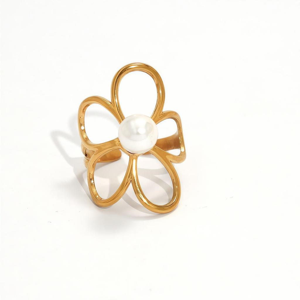 European and American Stainless Steel Pearl Flower Adjustable Ring - Simple, Stylish Ladies' Jewelry