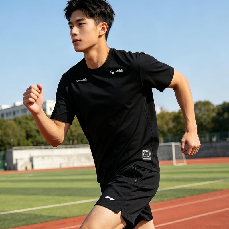 Li-Ning Summer Mens Short Sleeve Shorts Versatile Fashion Trendy Skin-Friendly Breathable Casual Sports Suit Men suit Black AHSU997-2+AKSW611-1